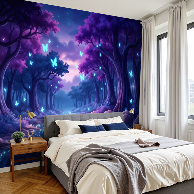 Papier peint adhésif pelez et collez, forêt, papillons lumineux, rivière mystique sous le crépuscule, 99.6" L x 144" W