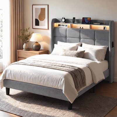 Multi-Storage Platform Bed Featuring Adjustable LED Light Headboard, Built-In Charging Ports, Open Side Storage Pockets,No Box Spring Needed.