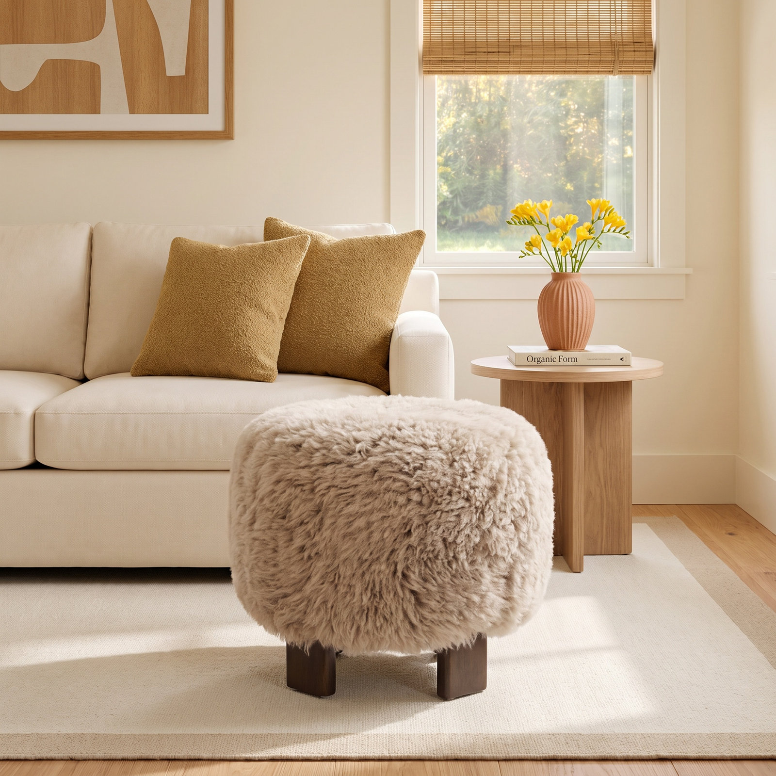 Genna Upholstered Ottoman, Taupe Mongolian Genuine Fur