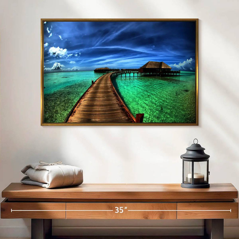 Maldives Bungalow Dock, 25 po x 17 po, Cadre flottant doré