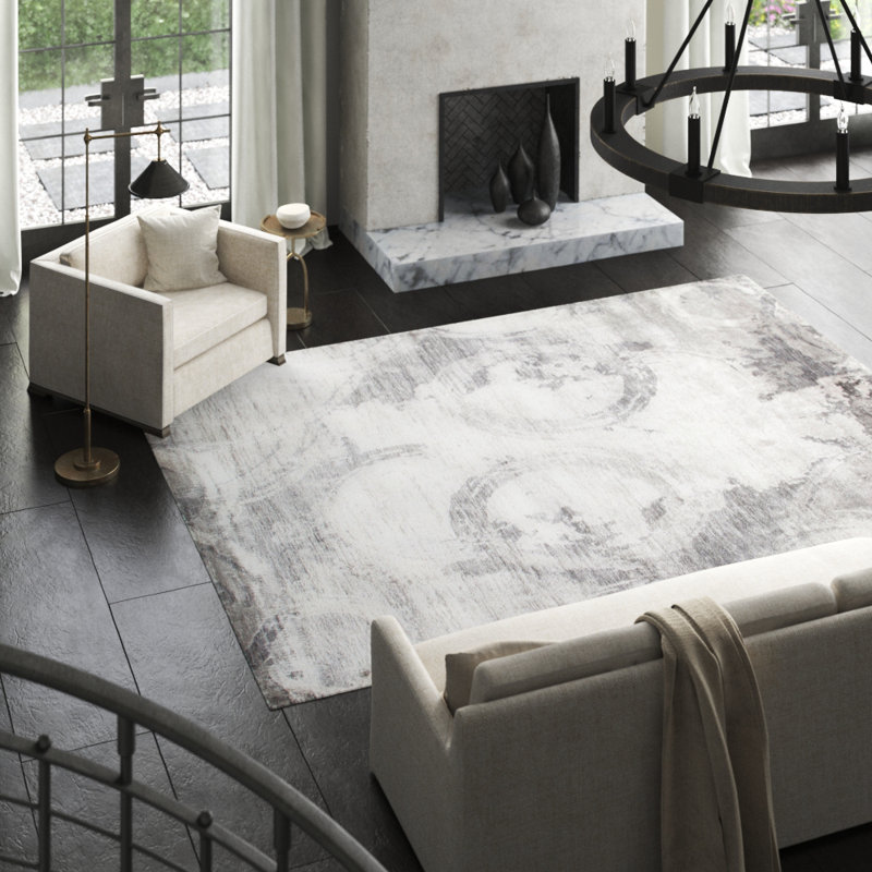 Modern Hand Knotted Wool Abstract Area Rug in Gray/White, Rectangle 5'6" x 8'6"