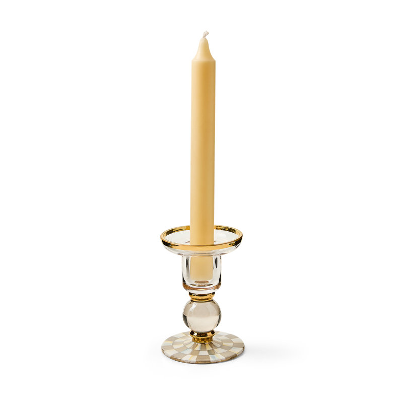 Sterling Check Small Glass Candlestick, 4.25" H x 2.75" W x 2.75" D