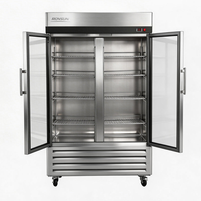 45 pi. Cu. Réfrigérateur commercial en acier inoxydable en argent avec roues et porte en verre