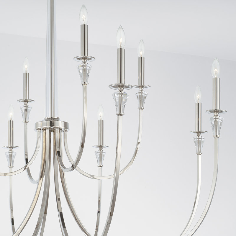 Lustre 12 lumières avec colonne en cristal et bobeches