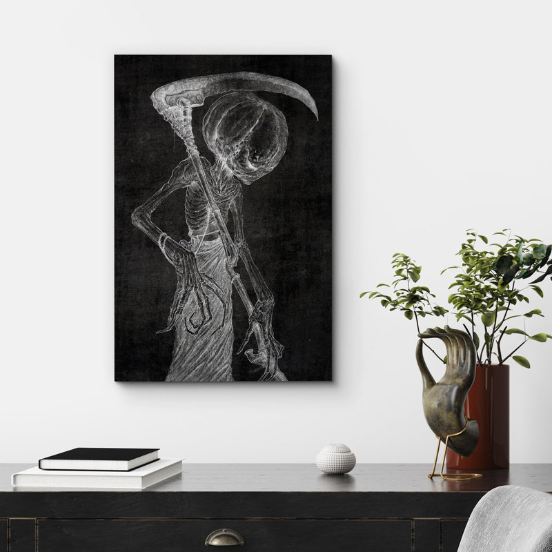 Moody Gothic " Skeletal Reaper With Scythe Moody Dark Illustrations Modern Art Work Decor ", Wrapped Canvas, 18" H x 12" W