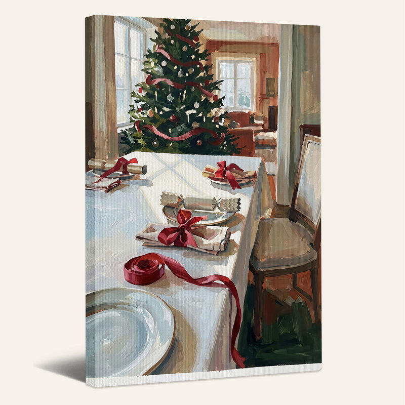 Table de salle à manger d'intérieur avec arbre et ruban rouge, art mural sur toile de Noël, 30"H x 20"W