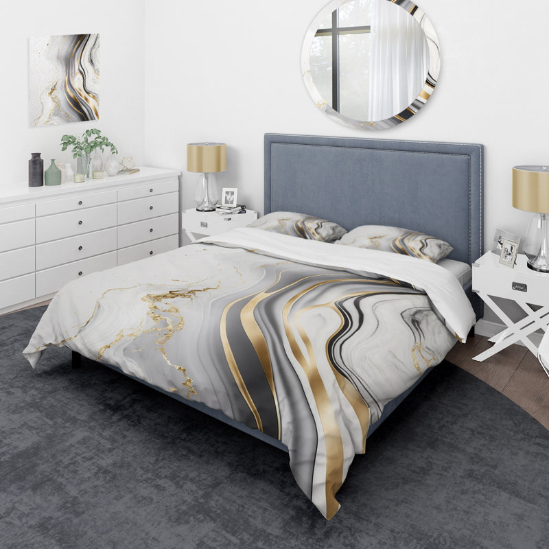 Ensemble de housse de couette en microfibre / polyester Abstract Geode Marble Waves Grey III