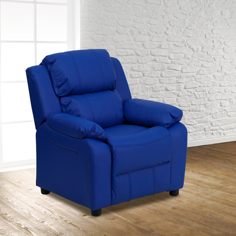 Degeorge Deluxe Padded Contemporary Kids Recliner with Storage Arms, Blue Vinyl