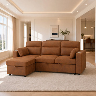 Canapé d'angle convertible avec rangement, 210 cm, bois et tissu, style moderne pour petits espaces