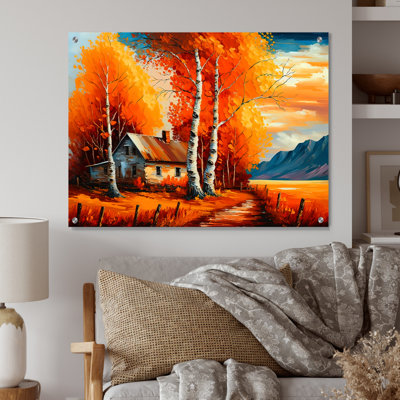 Petit chalet en automne III - Paysage d'hiver en acrylique, art mural pour le salon
