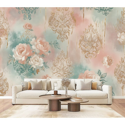 Papier peint auto-adhésif à motif floral en damas rose pâle et collant rétro H 69 po x l 96 po mural en PVC amovible pour chambre à coucher, bureau à domicile