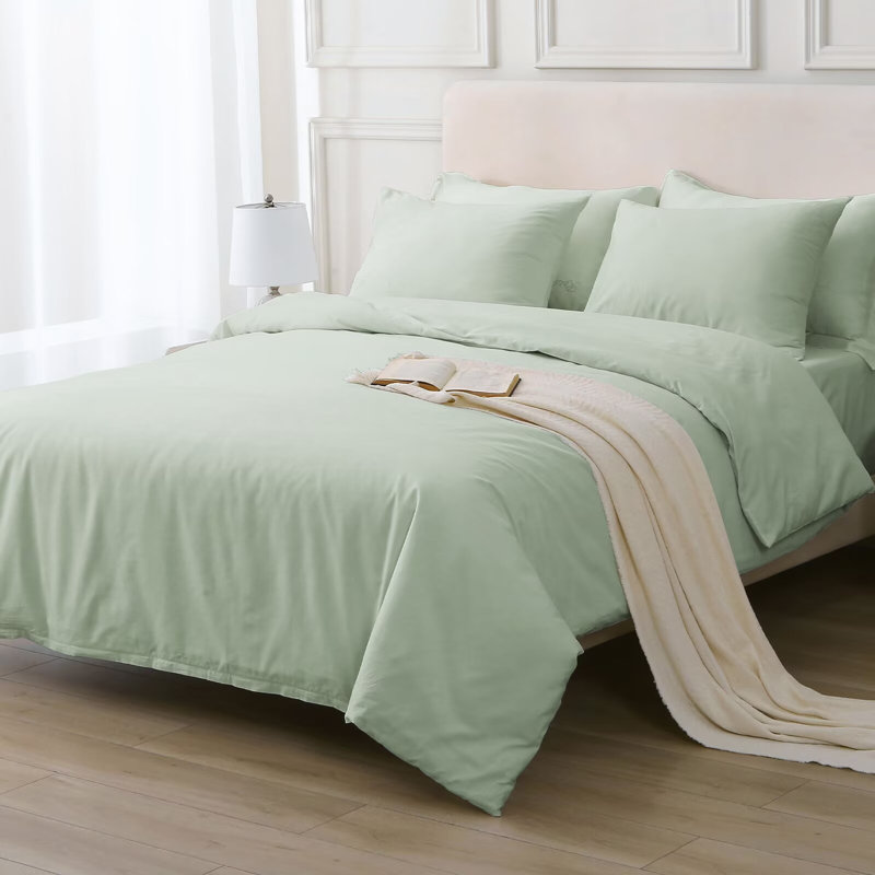 100% Cotton Duvet Cover Set Stone Washed Vintage Long-Staple Bedding Set, Queen Duvet Cover + 2 Standard Pillowcases, Green