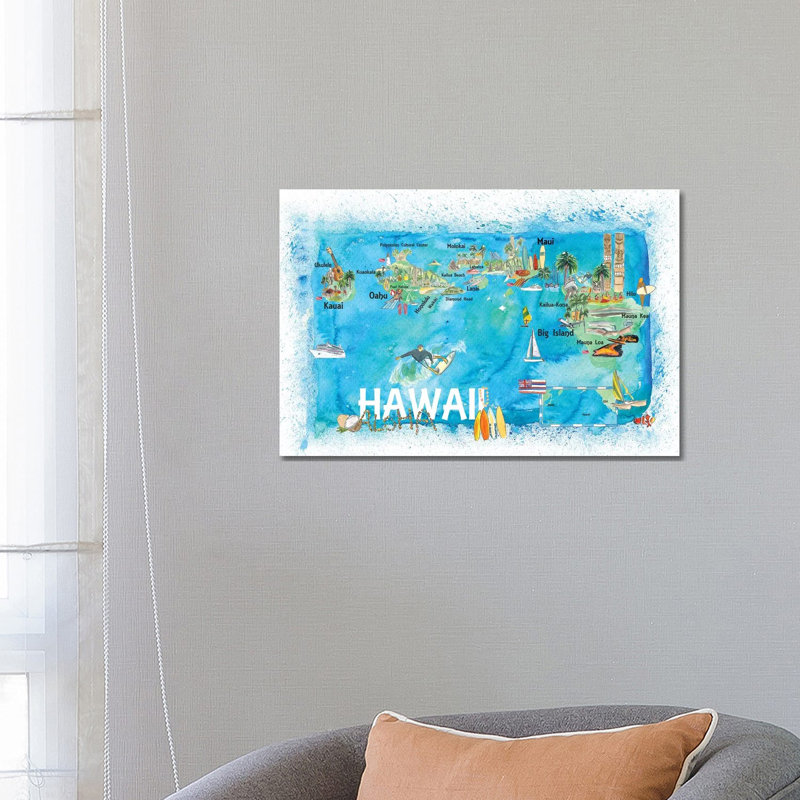Hawaii USA Illustrated Map With Main Roads Landmarks And Highlights by Markus & Martina Bleichner - Wrapped Canvas Gallery-Wrapped Canvas Giclée