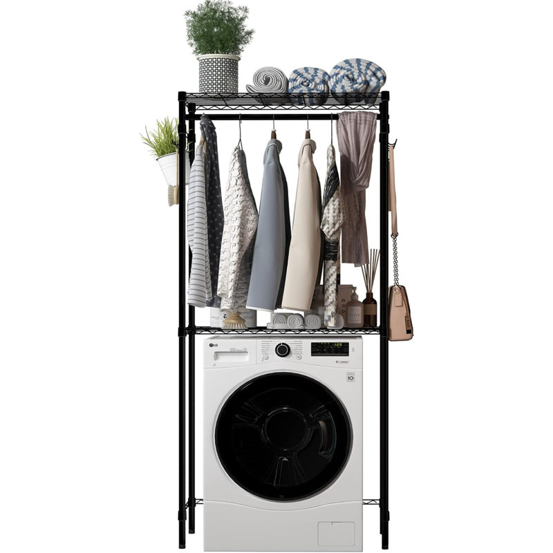 Washer And Dryer Storage Shelf - 2-Tier Adjustable With Hooks
