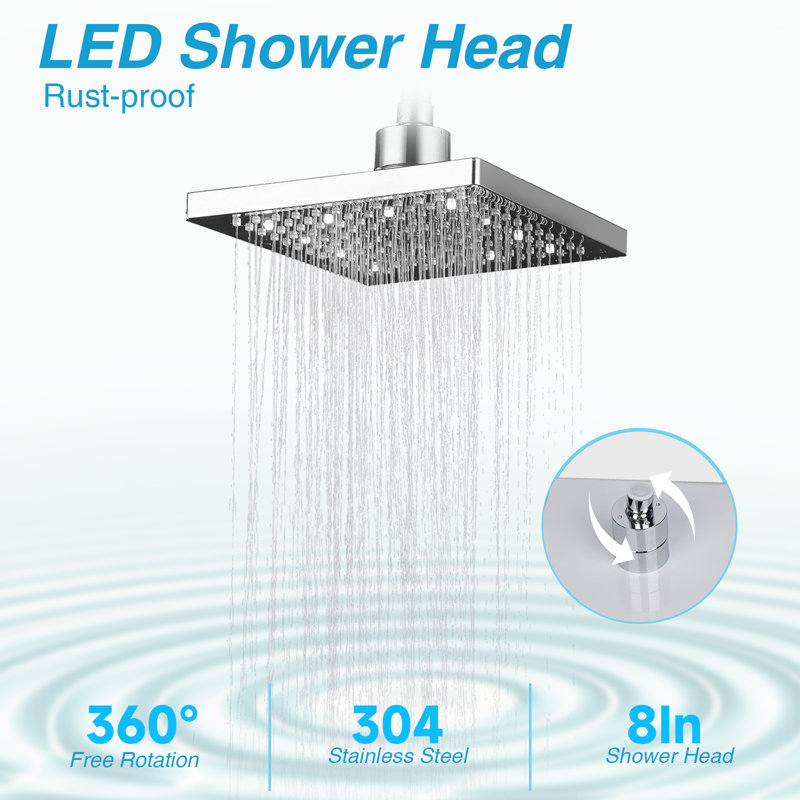 8'' Silver Led Shower Head With 3-color Temperature Control, 360° Rotatable