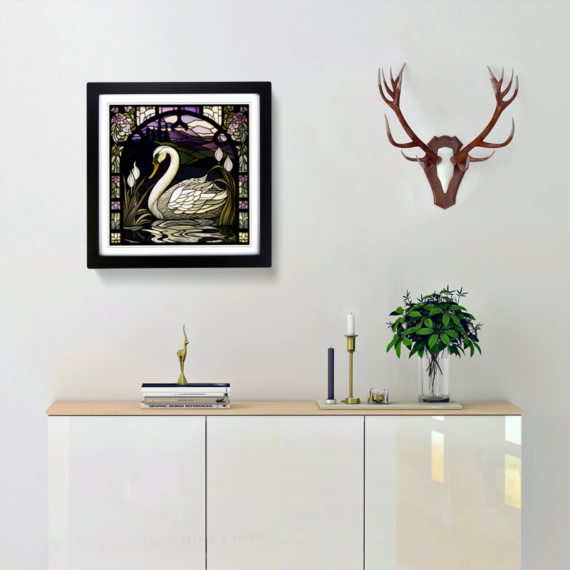 Swan Stained Glass Effect - Framed Print, Black