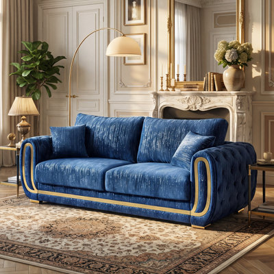 Canapé moderne de 218 cm en velours brossé avec accoudoirs arrondis et finis en métal doré