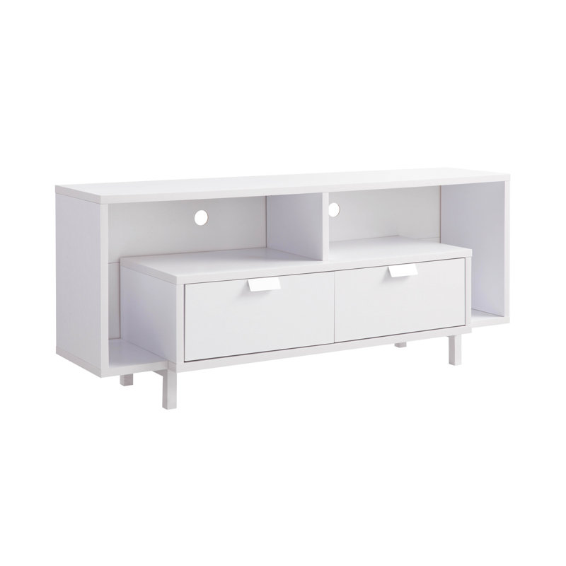 Meuble télé 60 po blanc moderne avec deux tablettes et tiroirs - Meuble télé robuste et captivant, blanc et stable