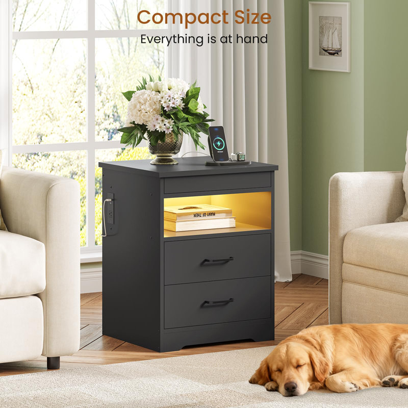 Nightstand With Charging Station And Led Light, Modern Bedside Table With Lockable Sliding Tabletop, Storage Drawers And Open Shelves, Side Table For Bedroom And Home Office, Black