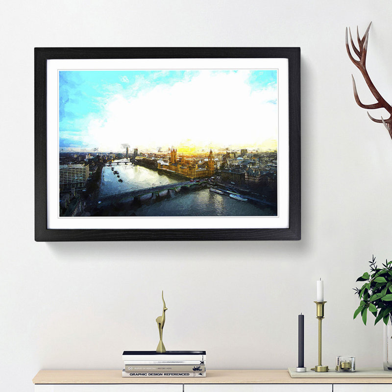 Big Ben And The London Skyline - Single Picture Frame Painting, 45cm H x 63cm W x 2cm D, Black Framed