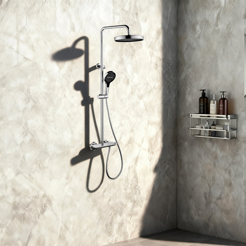 Système de douche à bouton-poussoir 3 fonctions avec douchette de pluie 10,8 po, douchette et baignoire, Chrome chrome