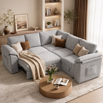 Canapé d'angle convertible de 217 cm avec lit gigogne, canapé en L avec méridienne de rangement pour salon