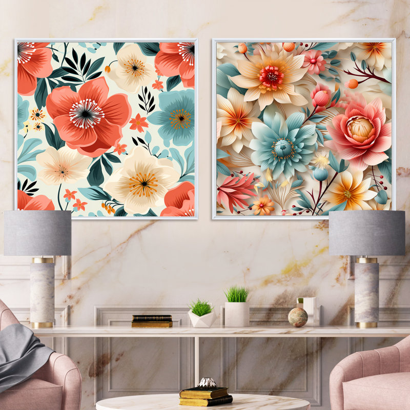 Laureole - Ensemble de 2 collages floraux carrés, Cadre flottant blanc, H 36 po x l 73 po