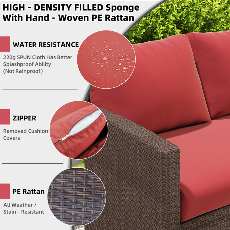 7 Pieces Patio Sectional  Furniture Set With Waterproof Cover, Red Cushion/Brown Frame