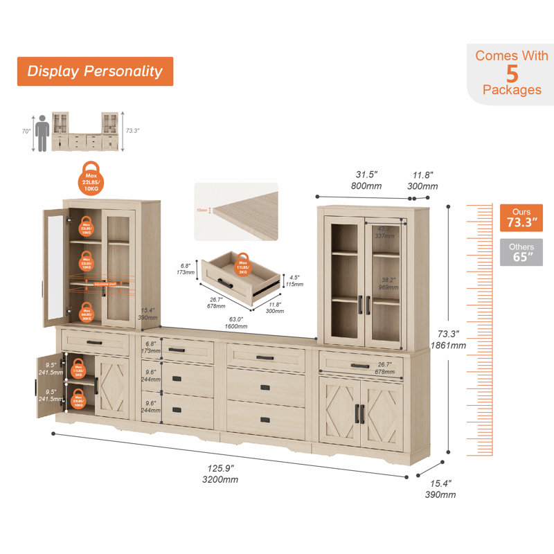 Farmhouse 4-In-1 TV Stand For 70 Inch Tvs, Extra-Large Entertainment Center With Tall Bookcases, 8 Drawers & Barn Door Cabinets, Media Console For Living Room, Bedroom, Beige