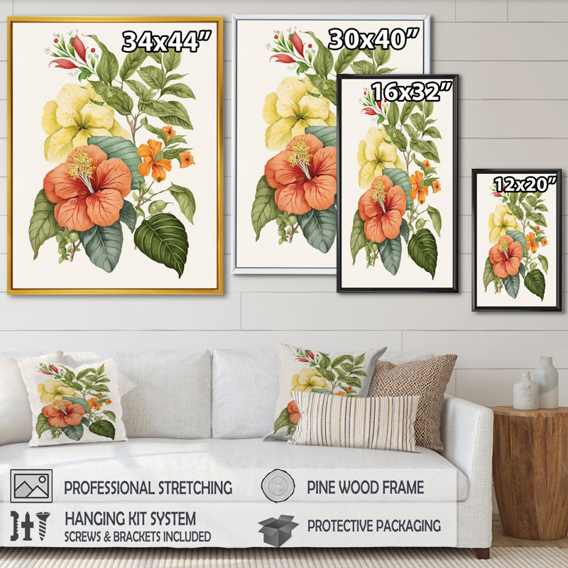 «Blossiming Yellow Retro Hibiscus VI», art floral sur toile, H 20 po x l 12 po x P 1 po, Cadre flottant noir