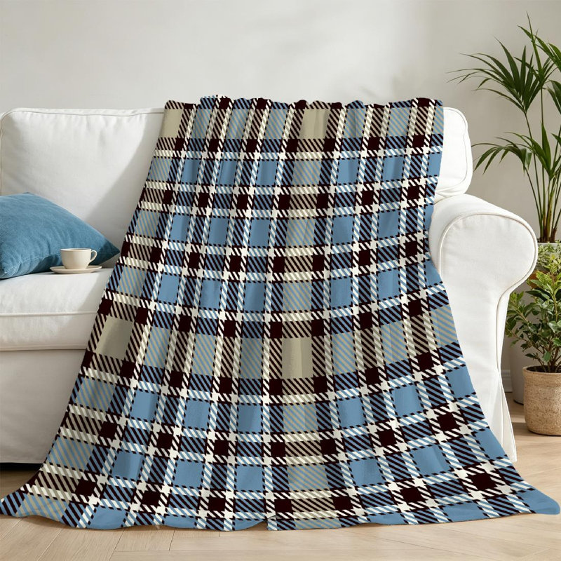 Jeté en molleton beige flanelle ultra doux, imprimé tartan sur fond uni, Jeté 50 po x 60 po