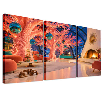 " Pink Trees And Fireplace Living Room Christmas " 3 - Pieces