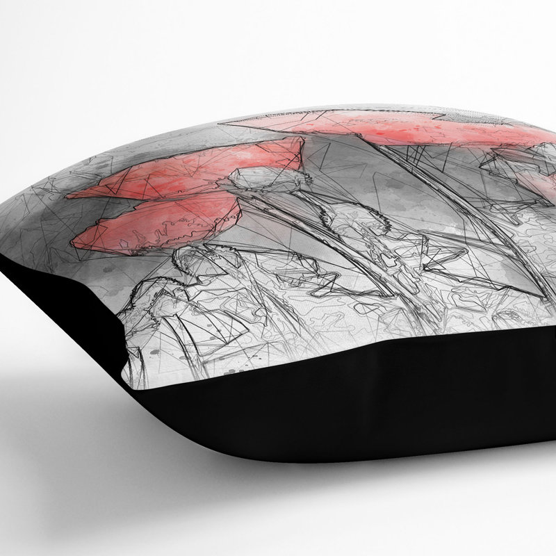 Poppy Field Sketch Cushion with Filling, 55cm H x 55cm W x 20cm D, Black