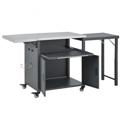 Foldable Outdoor Prep Station BBQ Cart with Trash Rack & Dual Foldable Tops (Gray)