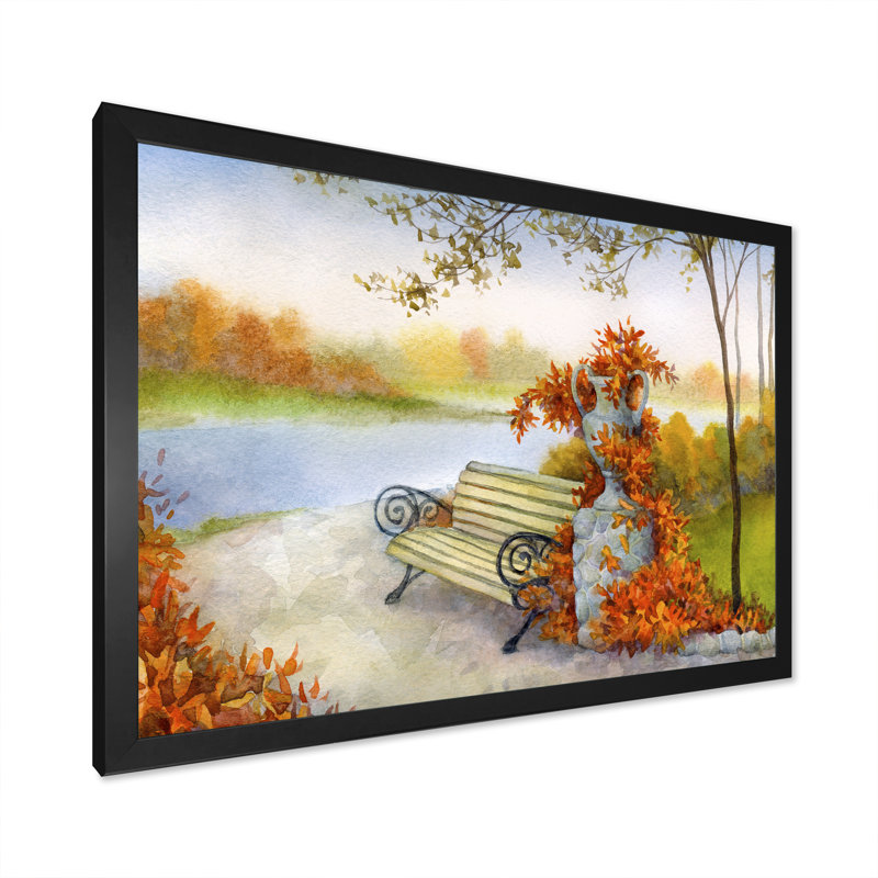 Floral Bench in Autun Park - reproduction de photo sur toile, Toile avec cadre noir, H 8 po x l 12 po x P 1 po
