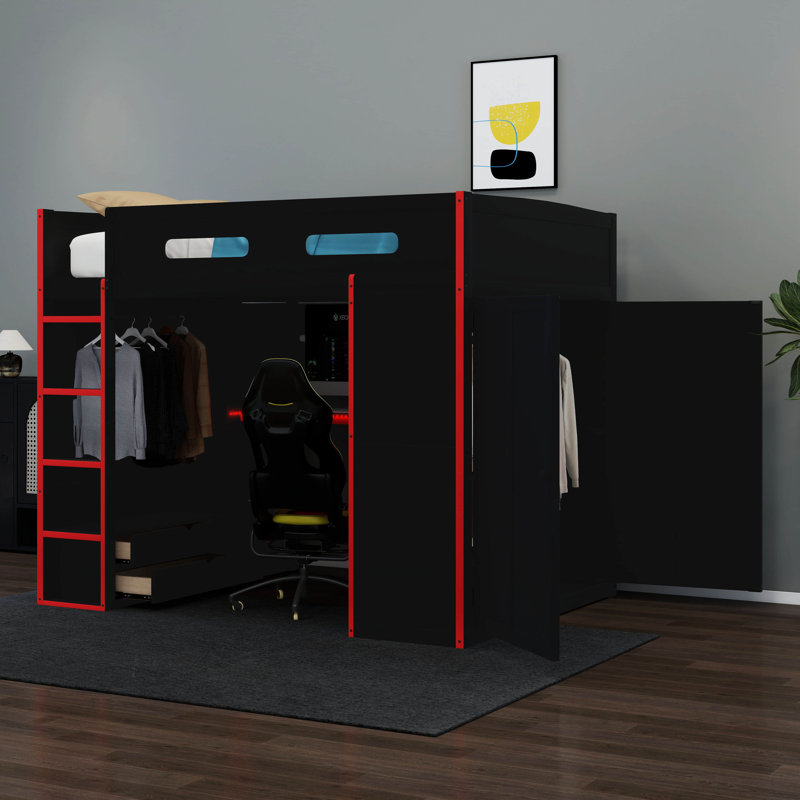 Full Size Wood Gaming Loft Bed With Desk And Wardrobe, USB Port And RGB LED Light For Kids Teens Adults Bedroom Use, Red