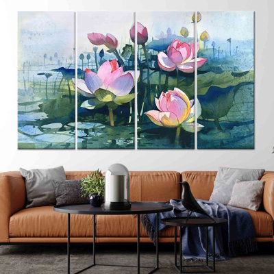 Aquarelle de fleur de lotus, impression sur toile en verre trempé 4P