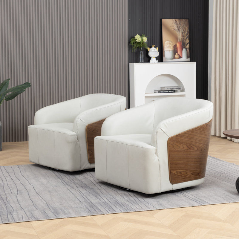 Genuine Leather Swivel Barrel Chair(Set Of 2), White