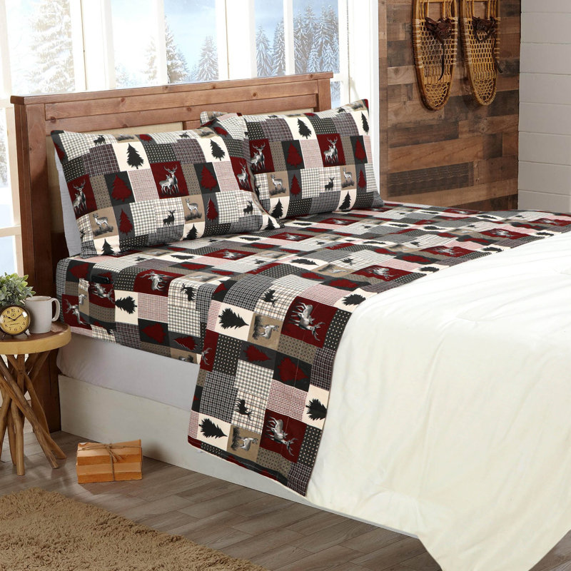 Full Gray and Red Cotton Flannel Plaid Sheet Set