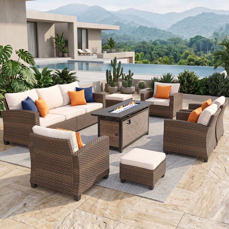 Ensemble de conversation pour patio en osier 9 personnes avec foyer Salem, Coussin Pro Performance, toile beige, Oui