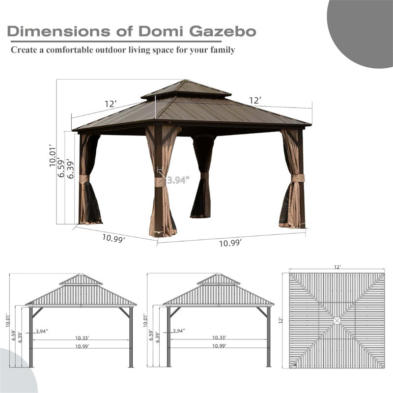 Hardtop Gazebo Outdoor Aluminum Gazebos Grill With Galvanized Steel Double Canopy For Patios Deck Backyard,Curtains&Netting