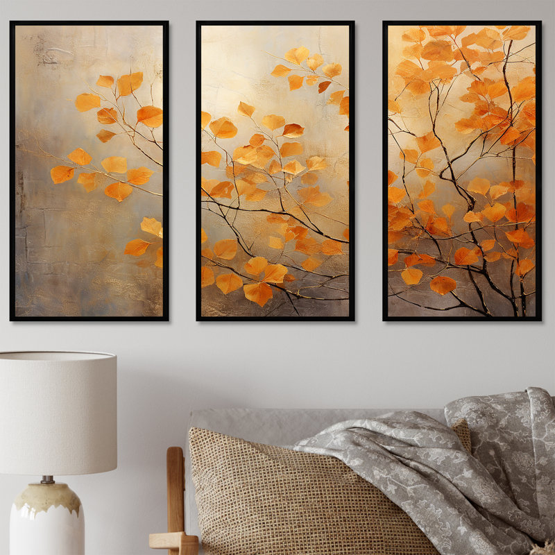«Golden Autumn Forest Harmony», ensemble de salon art mural forêt, H 28 po x l 36 po x P 1 po, Cadre flottant noir