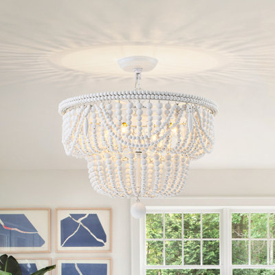 4-Light Tiered Washed White Wood Beaded Chandelier