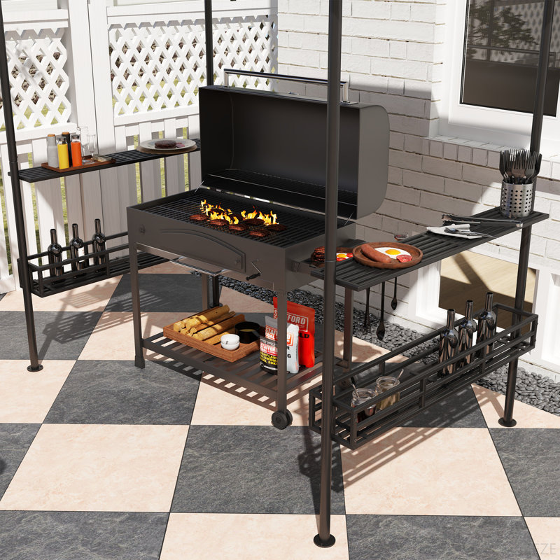 Pavillon de jardin extérieur à 2 niveaux pour barbecue, pavillon de barbecue pour barbecue, avec 2 tablettes latérales, paniers de rangement, crochet de plafond