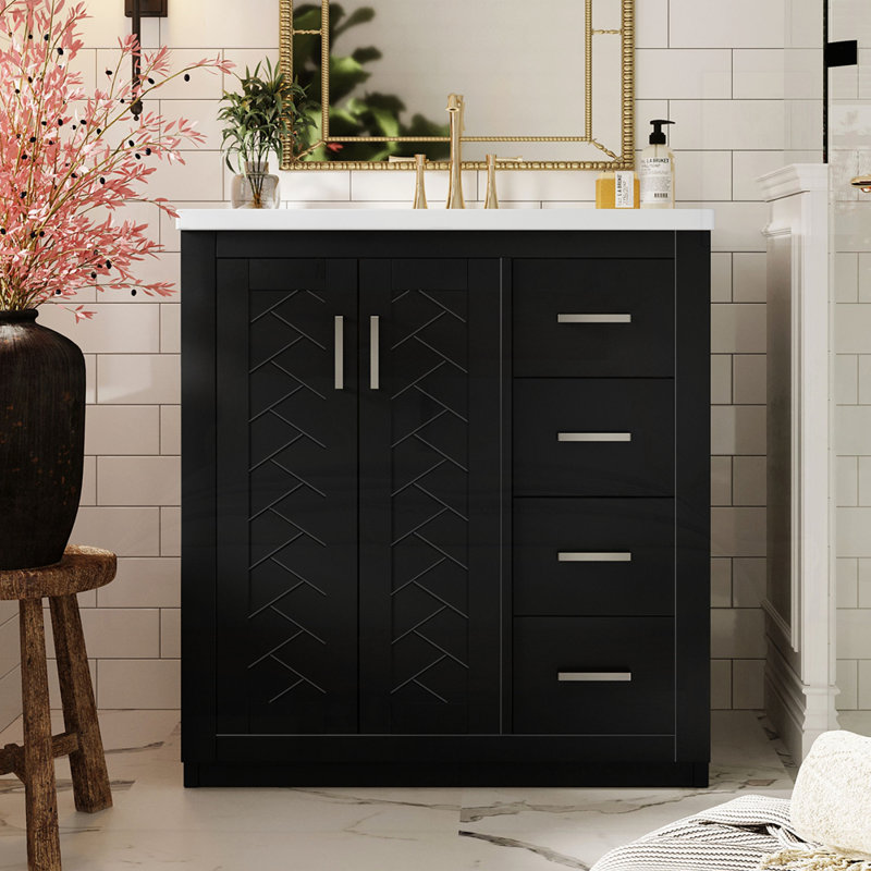 Meuble-lavabo 30 po avec lavabo en céramique, Noir, Argent argent