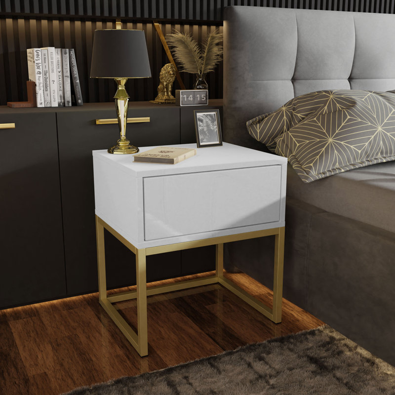 Varonique 1 Drawer Bedside Table, Gold Matt, White