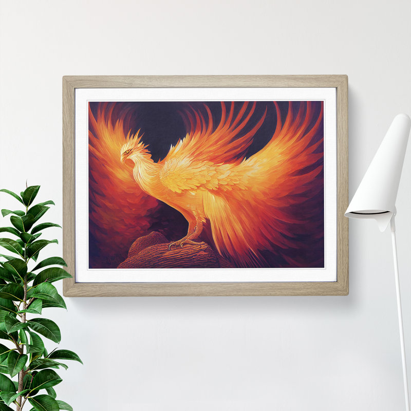 Beguiling Phoenix Bird - Single Picture Frame Print, 34cm H x 46cm W x 2cm D, Oak Framed