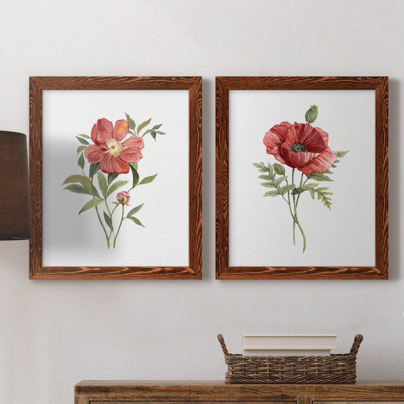 Pivoine écarlate - ensemble de 2 reproductions d'art, Pas de tapis, H 20 po x l 17 po x P 1 po, Toile avec cadre érable