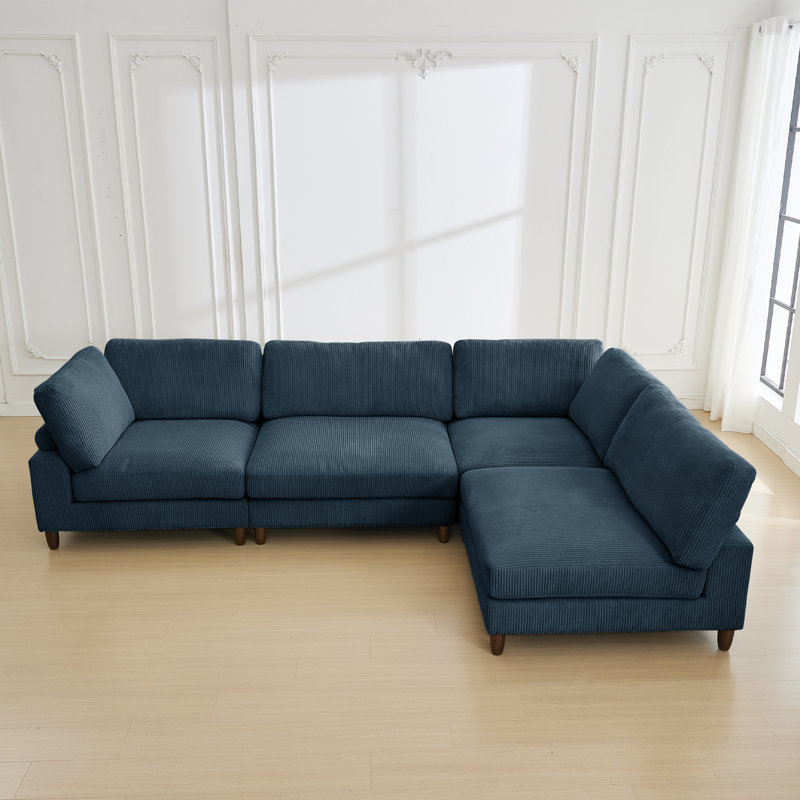132" Wide 4-Piece Corduroy Modular Sectional, Blue Corduroy