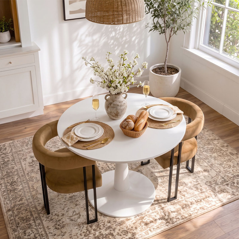 Ensemble de table de salle à manger pour 2 personnes avec table ronde et 2 fauteuils rembourrés en velours, Camel/Black
